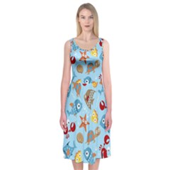 Seamless-pattern-funny-marine-animals-cartoon Midi Sleeveless Dress