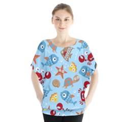 Seamless-pattern-funny-marine-animals-cartoon Batwing Chiffon Blouse