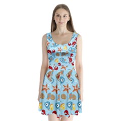 Seamless-pattern-funny-marine-animals-cartoon Split Back Mini Dress 