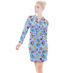 Seamless-pattern-funny-marine-animals-cartoon Button Long Sleeve Dress