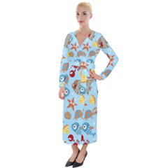 Seamless-pattern-funny-marine-animals-cartoon Velvet Maxi Wrap Dress