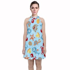 Seamless-pattern-funny-marine-animals-cartoon Velvet Halter Neckline Dress 