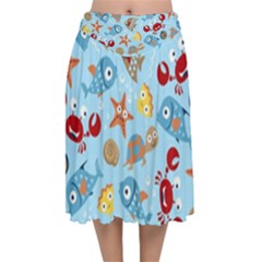 Seamless-pattern-funny-marine-animals-cartoon Velvet Flared Midi Skirt