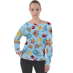 Seamless-pattern-funny-marine-animals-cartoon Off Shoulder Long Sleeve Velour Top