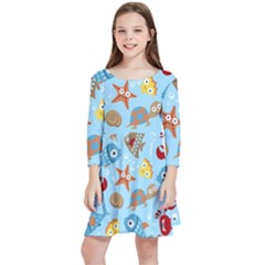 Seamless-pattern-funny-marine-animals-cartoon Kids  Quarter Sleeve Skater Dress by Jancukart