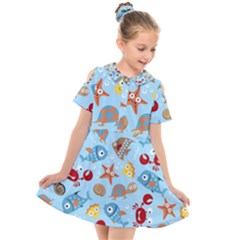 Seamless-pattern-funny-marine-animals-cartoon Kids  Short Sleeve Shirt Dress