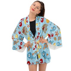 Seamless-pattern-funny-marine-animals-cartoon Long Sleeve Kimono