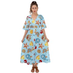 Seamless-pattern-funny-marine-animals-cartoon Kimono Sleeve Boho Dress