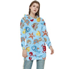 Seamless-pattern-funny-marine-animals-cartoon Women s Long Oversized Pullover Hoodie