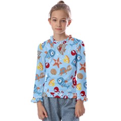 Seamless-pattern-funny-marine-animals-cartoon Kids  Frill Detail Tee