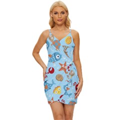 Seamless-pattern-funny-marine-animals-cartoon Wrap Tie Front Dress