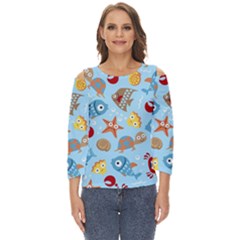 Seamless-pattern-funny-marine-animals-cartoon Cut Out Wide Sleeve Top