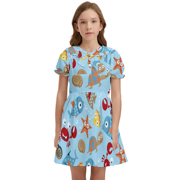 Seamless-pattern-funny-marine-animals-cartoon Kids  Bow Tie Puff Sleeve Dress