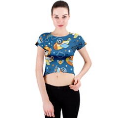 Seamless-pattern-with-nice-planes-cartoon Crew Neck Crop Top