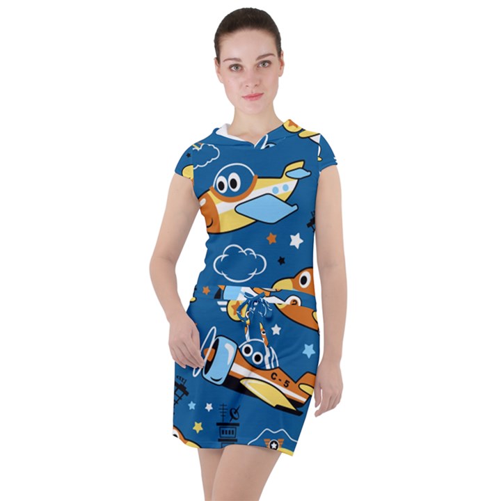 Seamless-pattern-with-nice-planes-cartoon Drawstring Hooded Dress