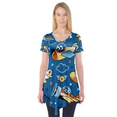 Seamless-pattern-with-nice-planes-cartoon Short Sleeve Tunic 