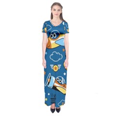 Seamless-pattern-with-nice-planes-cartoon Short Sleeve Maxi Dress