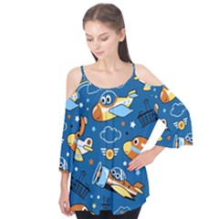 Seamless-pattern-with-nice-planes-cartoon Flutter Sleeve Tee 