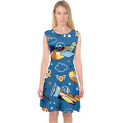 Seamless-pattern-with-nice-planes-cartoon Capsleeve Midi Dress