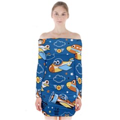 Seamless-pattern-with-nice-planes-cartoon Long Sleeve Off Shoulder Dress