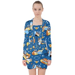 Seamless-pattern-with-nice-planes-cartoon V-neck Bodycon Long Sleeve Dress