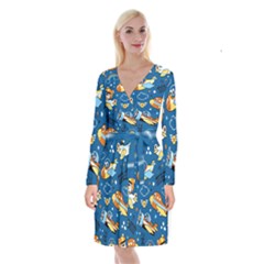 Seamless-pattern-with-nice-planes-cartoon Long Sleeve Velvet Front Wrap Dress