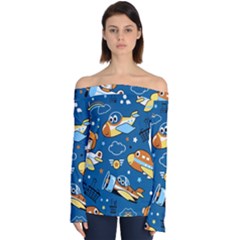 Seamless-pattern-with-nice-planes-cartoon Off Shoulder Long Sleeve Top