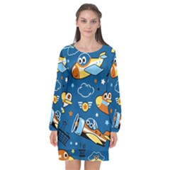 Seamless-pattern-with-nice-planes-cartoon Long Sleeve Chiffon Shift Dress 