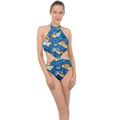 Seamless-pattern-with-nice-planes-cartoon Halter Side Cut Swimsuit