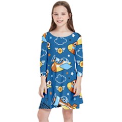 Seamless-pattern-with-nice-planes-cartoon Kids  Quarter Sleeve Skater Dress