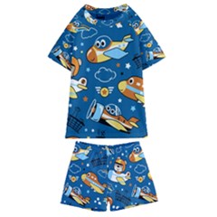 Seamless-pattern-with-nice-planes-cartoon Kids  Swim Tee And Shorts Set