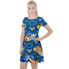 Seamless-pattern-with-nice-planes-cartoon Cap Sleeve Velour Dress  by Jancukart