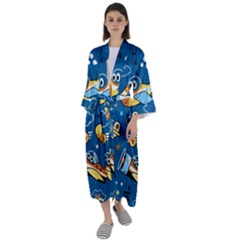 Seamless-pattern-with-nice-planes-cartoon Maxi Satin Kimono