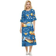 Seamless-pattern-with-nice-planes-cartoon Double Cuff Midi Dress