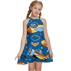 Seamless-pattern-with-nice-planes-cartoon Kids  Halter Collar Waist Tie Chiffon Dress