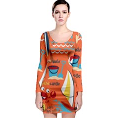 Seamless-pattern-vector-beach-holiday-theme-set Long Sleeve Bodycon Dress