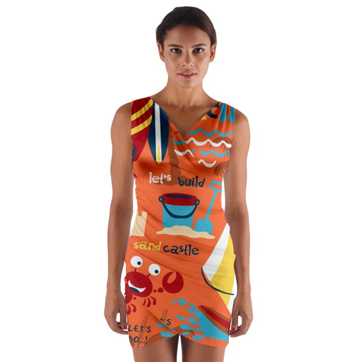 Seamless-pattern-vector-beach-holiday-theme-set Wrap Front Bodycon Dress