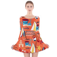 Seamless-pattern-vector-beach-holiday-theme-set Long Sleeve Velvet Skater Dress