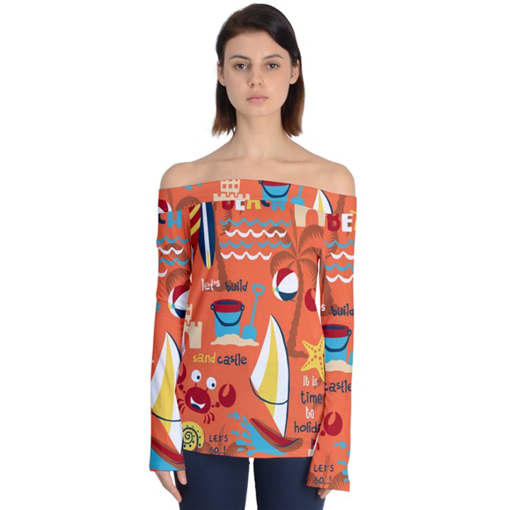 Seamless-pattern-vector-beach-holiday-theme-set Off Shoulder Long Sleeve Top