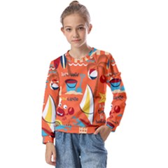 Seamless-pattern-vector-beach-holiday-theme-set Kids  Long Sleeve Tee With Frill 