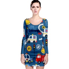 Seamless-pattern-vector-rescue-team-cartoon Long Sleeve Bodycon Dress