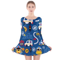 Seamless-pattern-vector-rescue-team-cartoon Long Sleeve Velvet Skater Dress