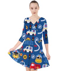 Seamless-pattern-vector-rescue-team-cartoon Quarter Sleeve Front Wrap Dress