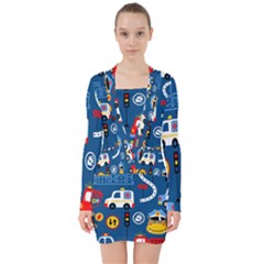 Seamless-pattern-vector-rescue-team-cartoon V-neck Bodycon Long Sleeve Dress