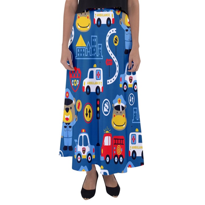 Seamless-pattern-vector-rescue-team-cartoon Flared Maxi Skirt