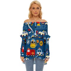 Seamless-pattern-vector-rescue-team-cartoon Off Shoulder Chiffon Pocket Shirt