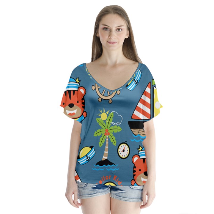 Seamless-pattern-with-sailing-cartoon V-Neck Flutter Sleeve Top