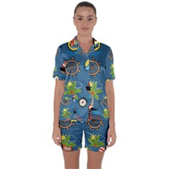 Seamless-pattern-with-sailing-cartoon Satin Short Sleeve Pajamas Set