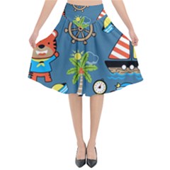 Seamless-pattern-with-sailing-cartoon Flared Midi Skirt by Jancukart