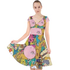 Cartoon Wallpapers Cap Sleeve Front Wrap Midi Dress